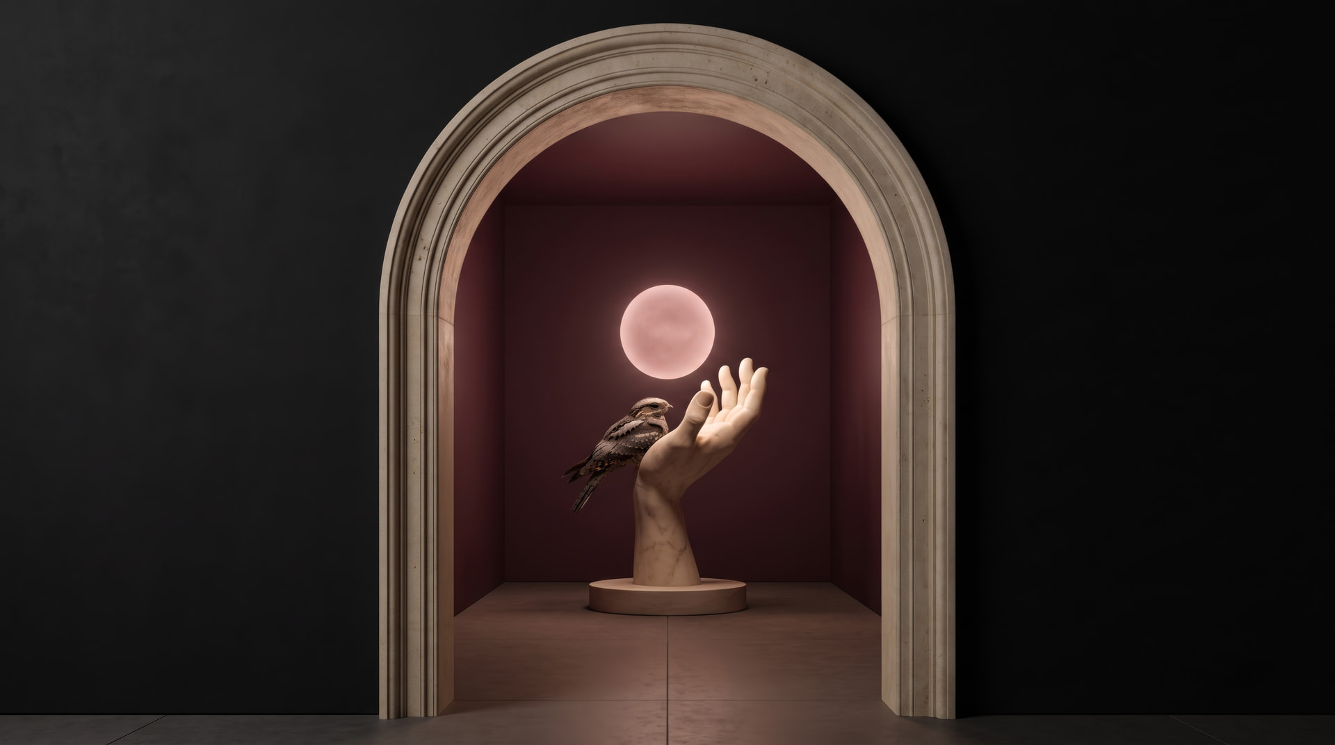 A near-black wall with a centred cream stone arch. Through the arch, a marble hand holds a glowing dusk-rose moon, with a nightjar perched on the wrist.
